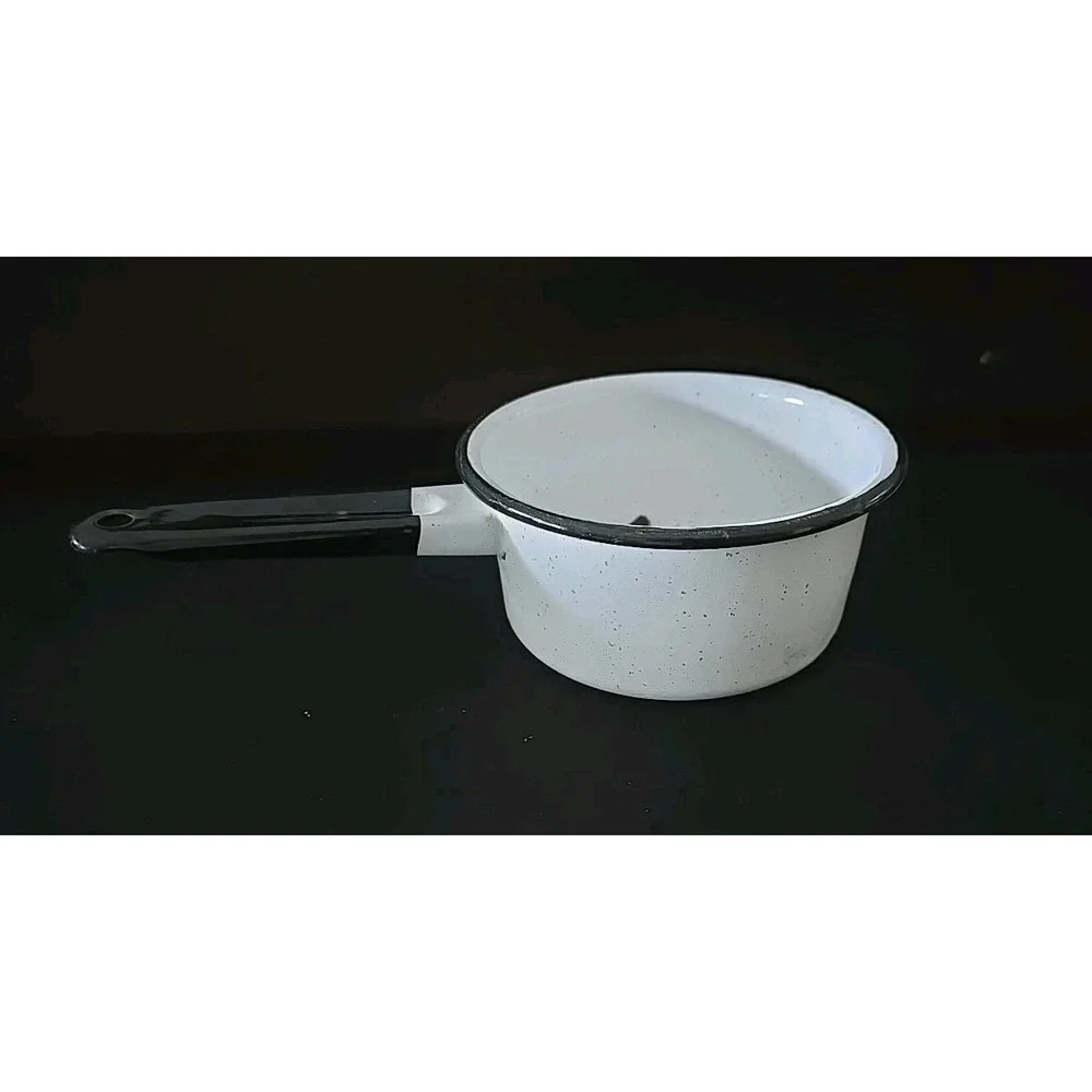 Antique Farmhouse White/Black speck Enamelware black trim saucepan / nesting pot